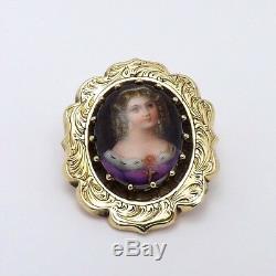 Victorian 14k Gold French Hand Painted Portrait Porcelain Cameo Brooch Pin 5.3gr