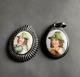 Victorian Antique Whitby Jet Hand Painted Porcelain Mourning Brooch Pendant X 2