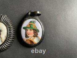 Victorian Antique Whitby Jet Hand Painted Porcelain Mourning Brooch pendant x 2