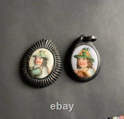 Victorian Antique Whitby Jet Hand Painted Porcelain Mourning Brooch pendant x 2