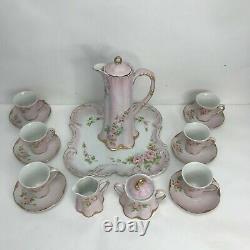 Victorian Chocolate Pot 16 piece set with tray Hand Painted Pink withPink Roses