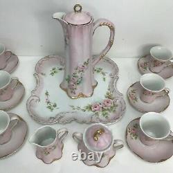 Victorian Chocolate Pot 16 piece set with tray Hand Painted Pink withPink Roses