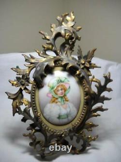 Victorian Hand Painted Portrait on Porcelain with Very Ornate Brass Easel Frame