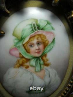 Victorian Hand Painted Portrait on Porcelain with Very Ornate Brass Easel Frame