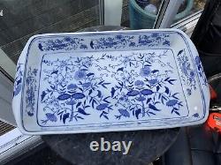 Vintage 16 CHINESE HAND PAINTED OBLONG BLUE WHITE DISH FLORAL LASAGNE GLAZED