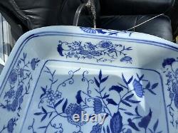 Vintage 16 CHINESE HAND PAINTED OBLONG BLUE WHITE DISH FLORAL LASAGNE GLAZED