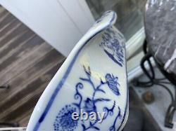 Vintage 16 CHINESE HAND PAINTED OBLONG BLUE WHITE DISH FLORAL LASAGNE GLAZED