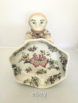 Vintage 1900s Asian Chinese Monkey Hand Painted Holding Bowl Decorate Dish