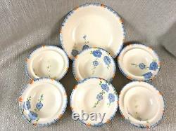 Vintage Art Deco Tableware Set Dessert Bowls Hand Painted Flowers Blue Orange