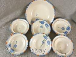 Vintage Art Deco Tableware Set Dessert Bowls Hand Painted Flowers Blue Orange