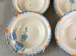 Vintage Art Deco Tableware Set Dessert Bowls Hand Painted Flowers Blue Orange