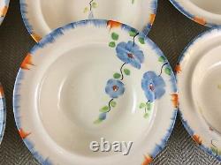 Vintage Art Deco Tableware Set Dessert Bowls Hand Painted Flowers Blue Orange