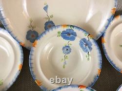 Vintage Art Deco Tableware Set Dessert Bowls Hand Painted Flowers Blue Orange