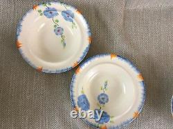 Vintage Art Deco Tableware Set Dessert Bowls Hand Painted Flowers Blue Orange