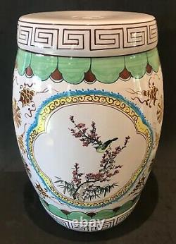 Vintage Asian Porcelain Garden Stool Table Floral & Bird Motif Hand Painted 19