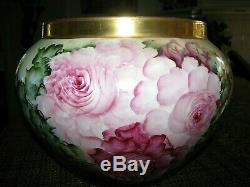 Vintage B & C France Large HAND PAINTED ROSE JARDINIERE, FERNER, POT, Gold Trim