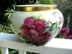 Vintage B & C France Large HAND PAINTED ROSE JARDINIERE, FERNER, POT, Gold Trim