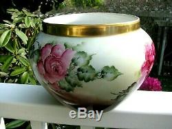 Vintage B & C France Large HAND PAINTED ROSE JARDINIERE, FERNER, POT, Gold Trim