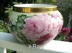 Vintage B & C France Large HAND PAINTED ROSE JARDINIERE, FERNER, POT, Gold Trim