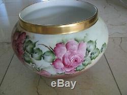 Vintage B & C France Large HAND PAINTED ROSE JARDINIERE, FERNER, POT, Gold Trim