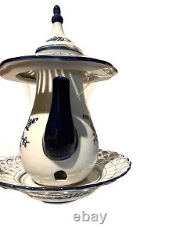 Vintage Blue and White Ceramic Hand Painted Bird Feeder Porcelain Hanger