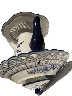Vintage Blue and White Ceramic Hand Painted Bird Feeder Porcelain Hanger