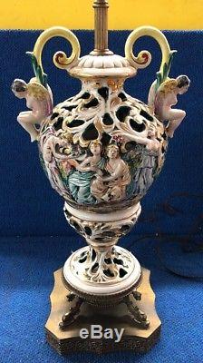Vintage Capodimonte Style Nude Cherub Porcelain Italian Hand Painted Lamp Large