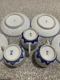 Vintage Chinese Blue And White Painted Dragon Porcelain Tea Cups & Saucers