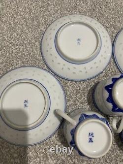 Vintage Chinese Blue And White Painted Dragon Porcelain Tea Cups & Saucers