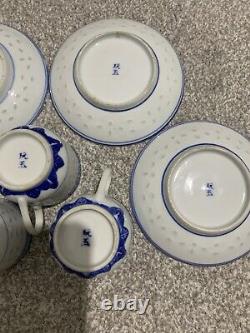 Vintage Chinese Blue And White Painted Dragon Porcelain Tea Cups & Saucers