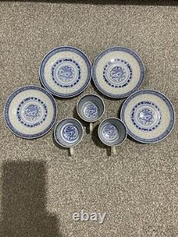 Vintage Chinese Blue And White Painted Dragon Porcelain Tea Cups & Saucers