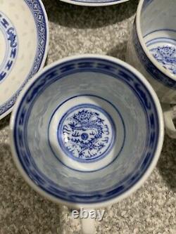 Vintage Chinese Blue And White Painted Dragon Porcelain Tea Cups & Saucers