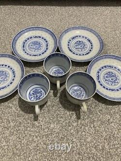 Vintage Chinese Blue And White Painted Dragon Porcelain Tea Cups & Saucers