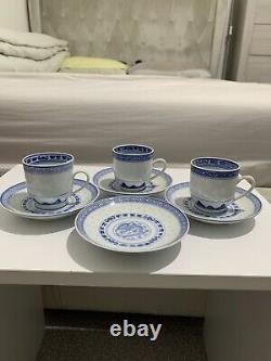 Vintage Chinese Blue And White Painted Dragon Porcelain Tea Cups & Saucers