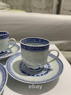 Vintage Chinese Blue And White Painted Dragon Porcelain Tea Cups & Saucers