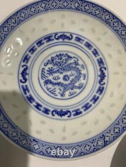 Vintage Chinese Blue And White Painted Dragon Porcelain Tea Cups & Saucers