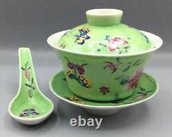 Vintage Chinese Famille Rose Gaiwan Tea Bowl Set Complete Super Condition