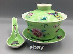 Vintage Chinese Famille Rose Gaiwan Tea Bowl Set Complete Super Condition