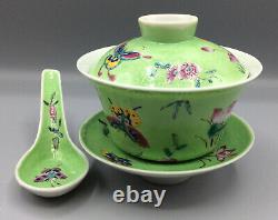 Vintage Chinese Famille Rose Gaiwan Tea Bowl Set Complete Super Condition