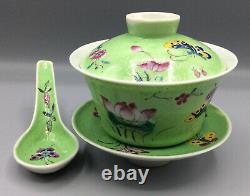 Vintage Chinese Famille Rose Gaiwan Tea Bowl Set Complete Super Condition