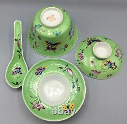 Vintage Chinese Famille Rose Gaiwan Tea Bowl Set Complete Super Condition
