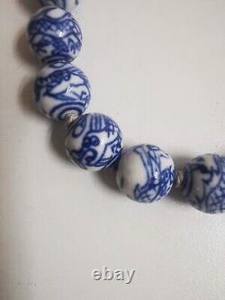 Vintage Chinese Hand Painted Blue & White Porcelain Beaded Necklace. Hand knot