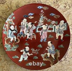Vintage Chinese Hand Painted Macau Cinnabar Red Porcelain Plate