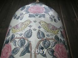 Vintage Chinese Hand Painted Porcelain Baluster Vase Table Lamp Base Birds Roses