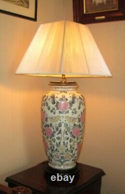 Vintage Chinese Hand Painted Porcelain Baluster Vase Table Lamp Base Birds Roses