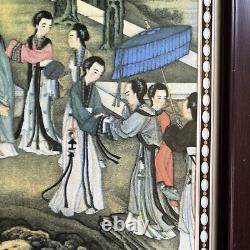 Vintage Chinese Hand Painted Porcelain Tile Plaque Framed
