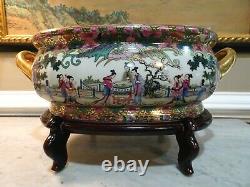 Vintage Chinese Handpainted Porcelain Oval Fish Bowl Planter Pot with Wood Stand