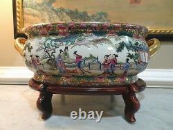 Vintage Chinese Handpainted Porcelain Oval Fish Bowl Planter Pot with Wood Stand