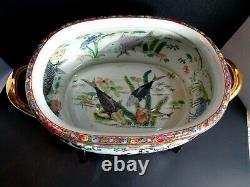 Vintage Chinese Handpainted Porcelain Oval Fish Bowl Planter Pot with Wood Stand