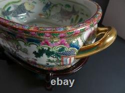 Vintage Chinese Handpainted Porcelain Oval Fish Bowl Planter Pot with Wood Stand